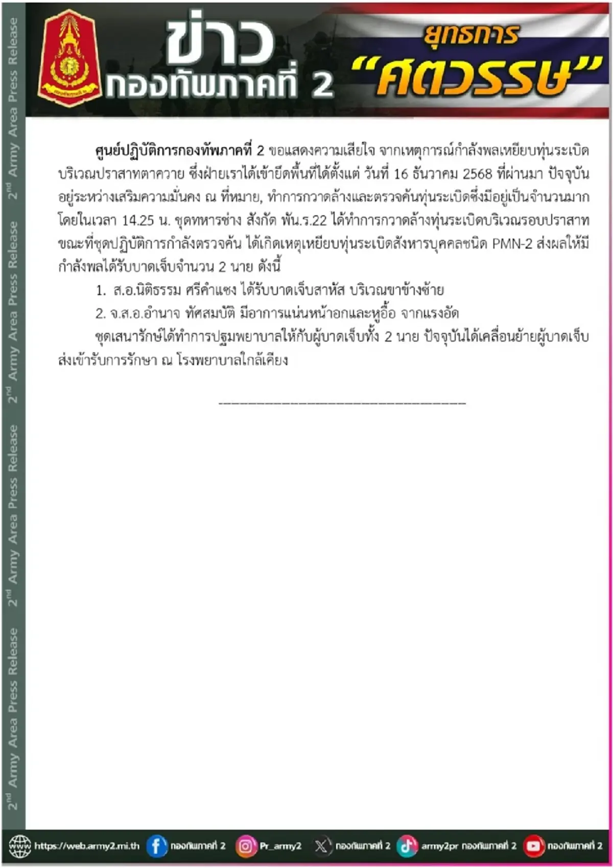 เปิดรายชื่อทหารไทยบาดเจ็บ เหยียบทุ่นระเบิด บริเวณปราสาทตาควาย