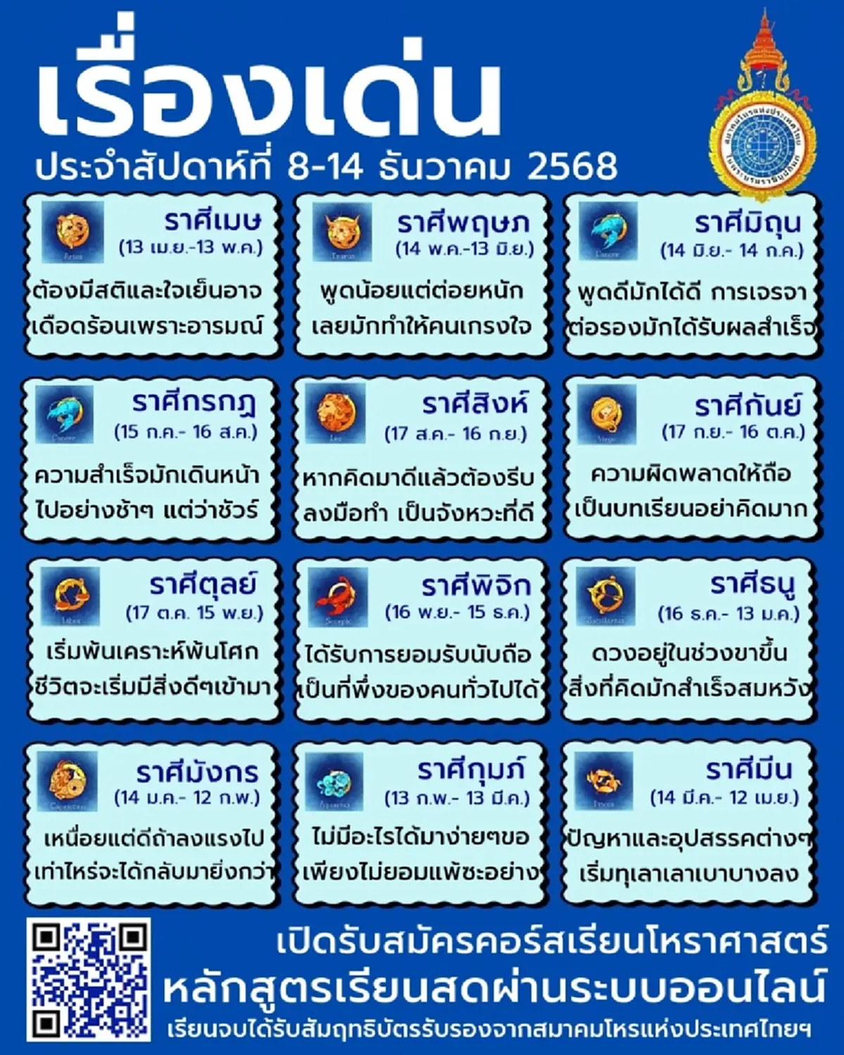 12 ราศี ดวงเด่นประจำสัปดาห์ พบราศีสุดปัง ดวงอยู่ในช่วงขาขึ้น
