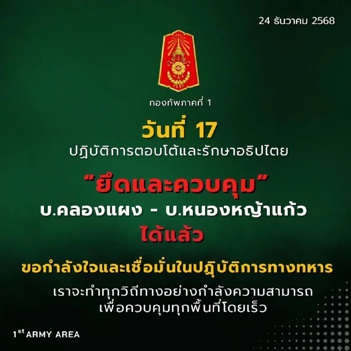 ยึดและควบคุมได้แล้ว"บ้านหนองจาน" อ.โคกสูง กลับสู่อธิปไตยไทย