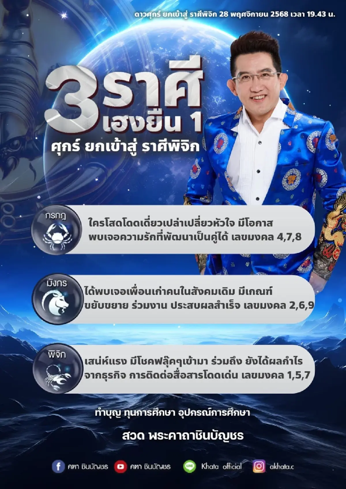หมอดูดัง เคาะ 3 ราศีเฮงยืนหนึ่ง หลังดาวศุกร์ยกเข้า วันที่ 28 พ.ย.