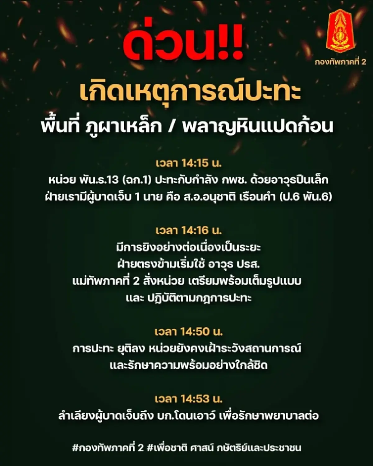 อาการล่าสุด 2 ทหารไทยได้รับบาดเจ็บ เหตุปะทะพื้นที่ภูผาเหล็ก