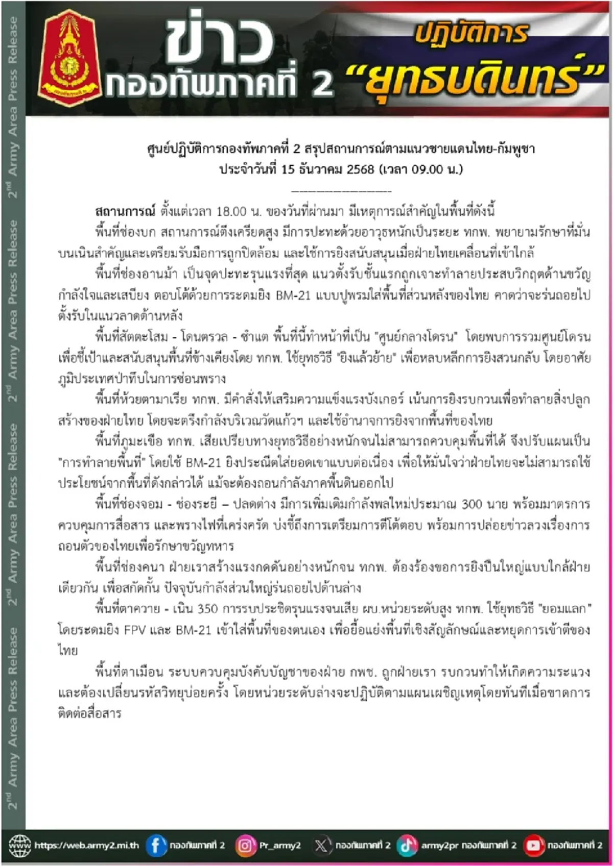 สรุปสถานการณ์ตามแนวชายแดนไทย-กัมพูชา ประจำวันที่ 15 ธันวาคม 2568 (เวลา 09.00 น.)