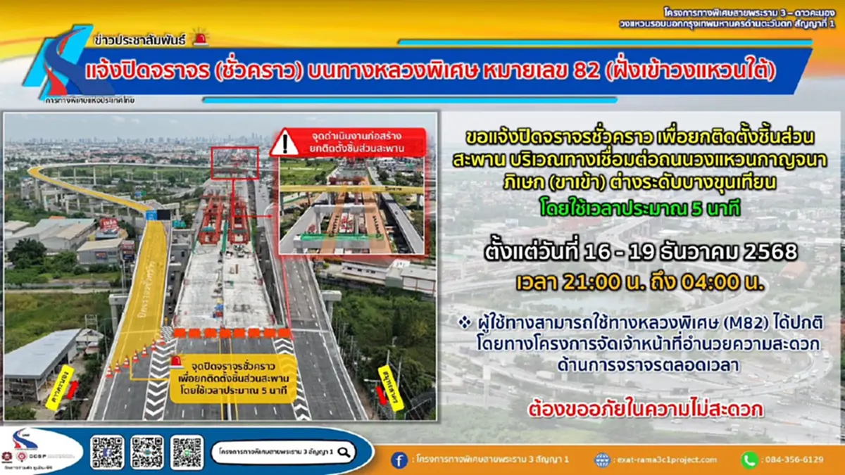 กทพ. แจ้งปิดการจราจร บนทางหลวงพิเศษ หมายเลข 82 ช่วงเวลาดังนี้ 