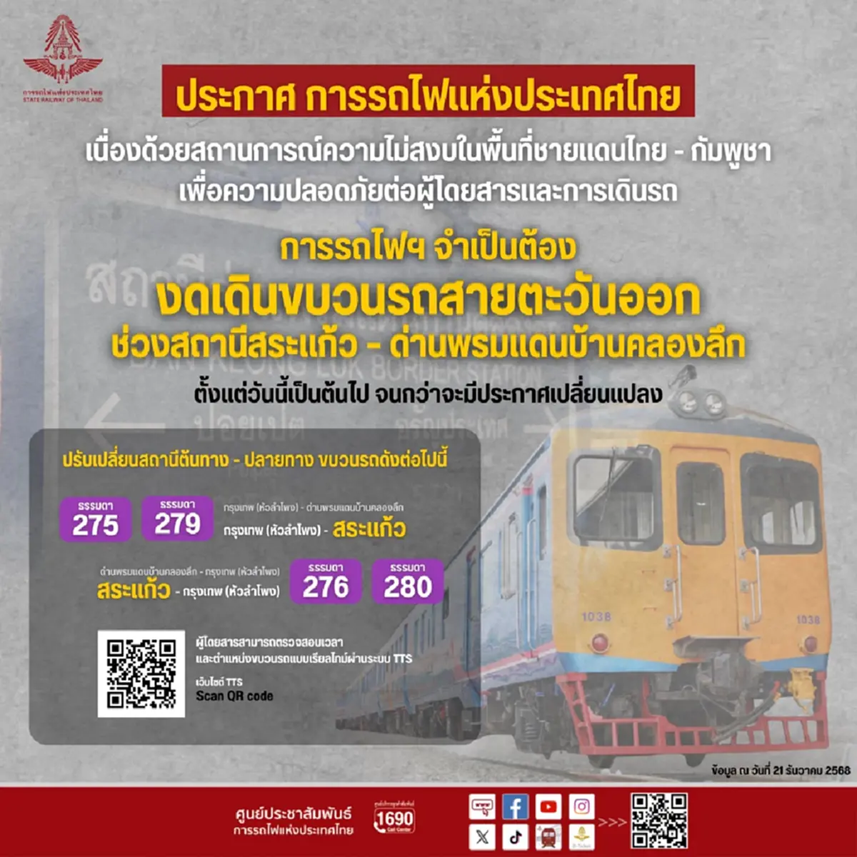 ประกาศปิด สถานีอรัญประเทศ เหตุชายแดนปะทะหนัก เช็กตารางการเดินรถไฟ