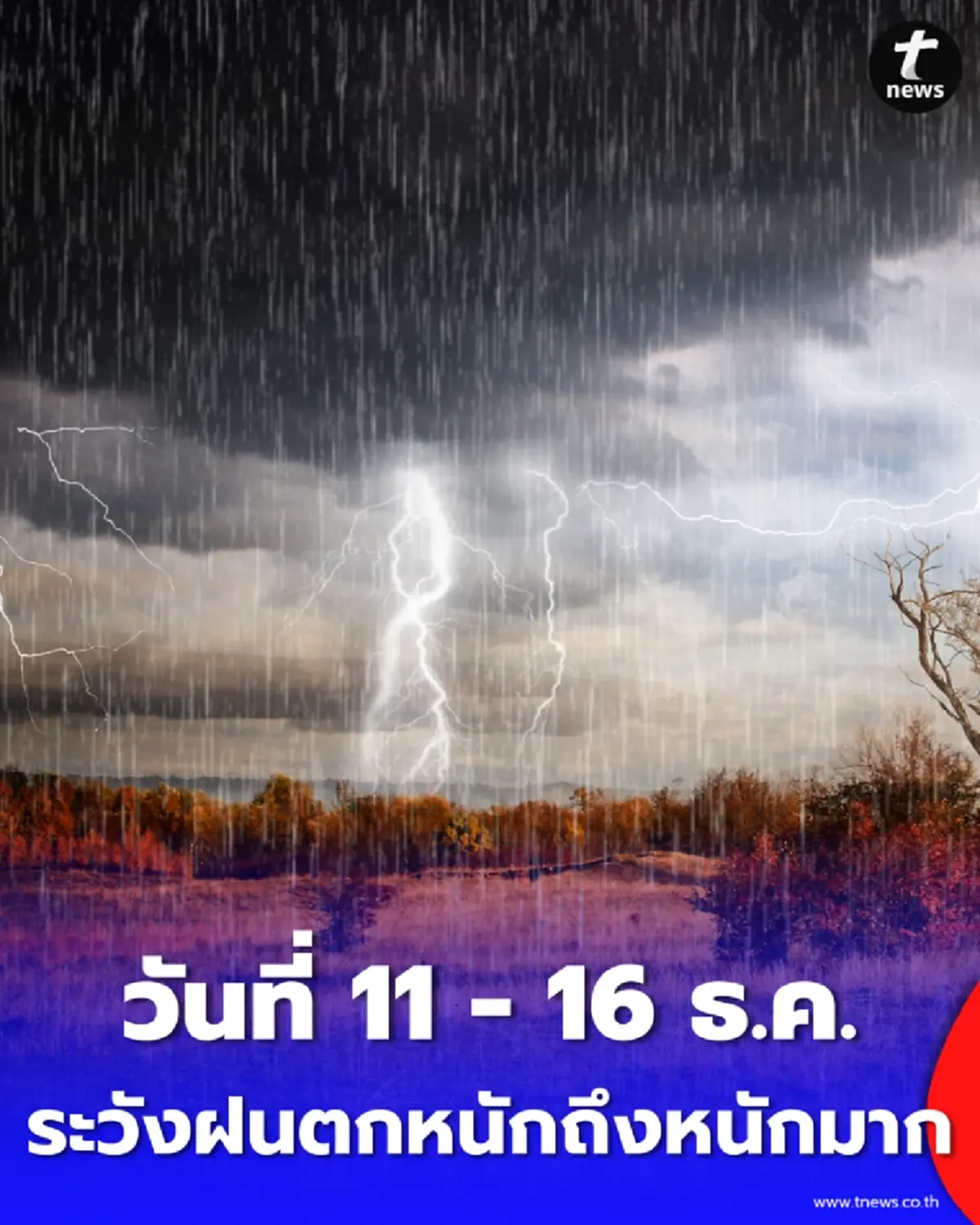 กรมอุตุฯ เตือน วันที่ 11 - 16 ธ.ค. ภาคใต้ระวังฝนตกหนักถึงหนักมาก 