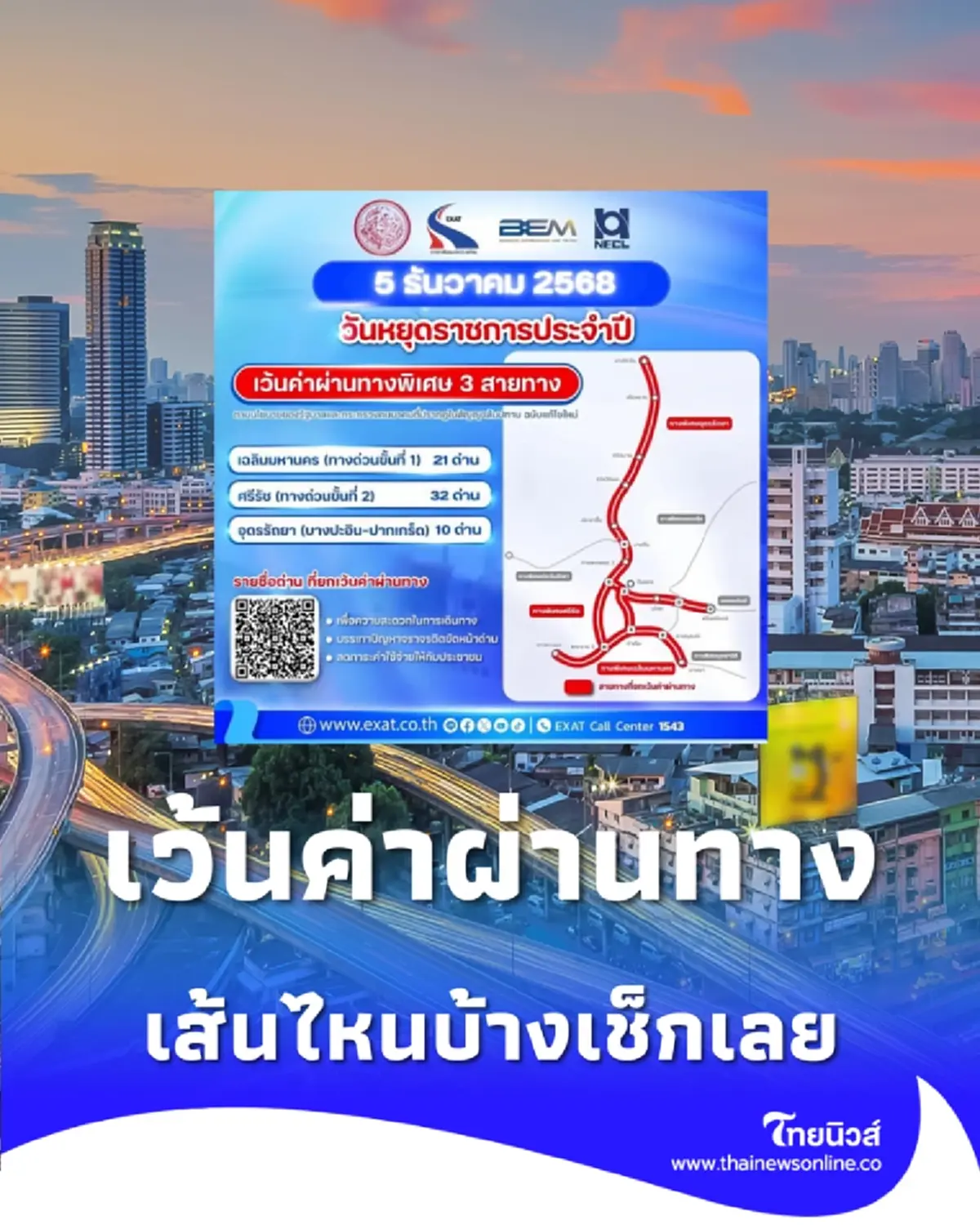 ประกาศยกเว้นค่าผ่านทาง 3 สายทาง 63 ด่าน เส้นไหนบ้างเช็กเลย