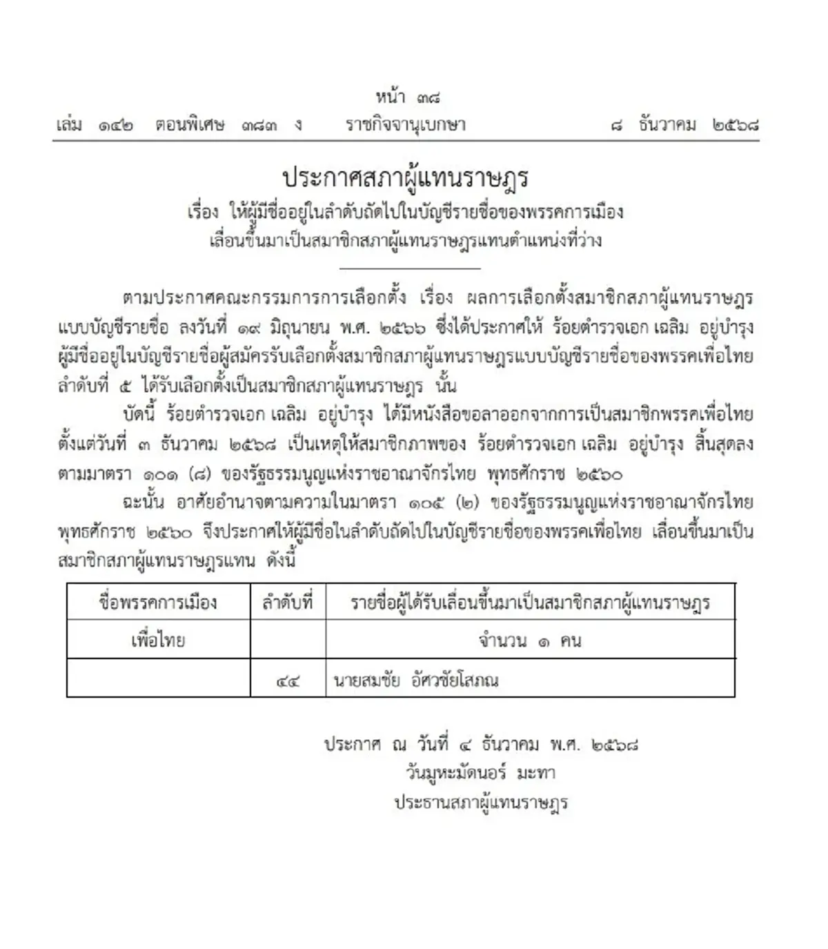 ราชกิจจาฯ ประกาศ เลื่อน "สมชัย" เป็นส.ส.ปาร์ตี้ลิสต์ เพื่อไทย แทน "เฉลิม" ที่ลาออก
