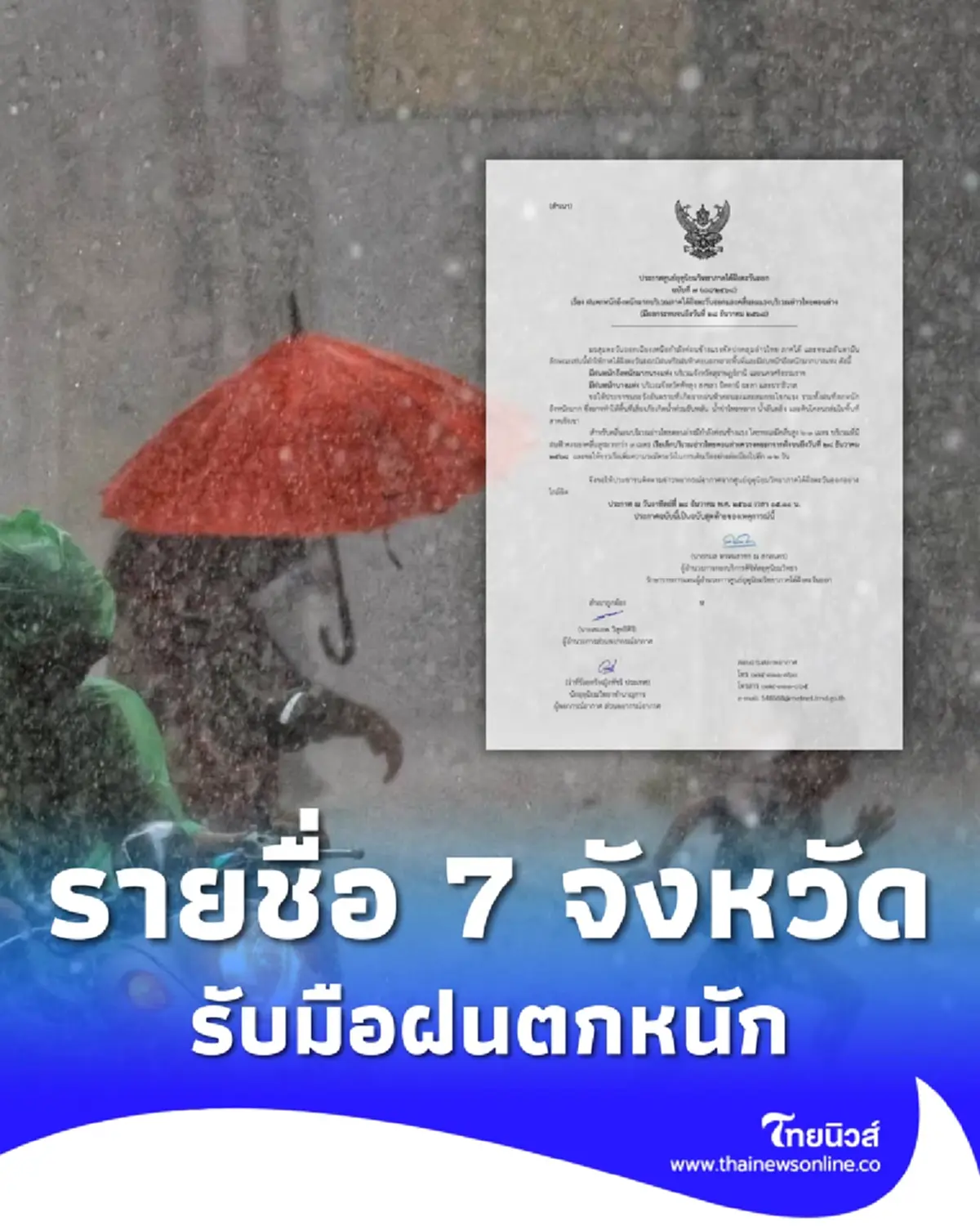ประกาศฉบับสุดท้าย เตือนมรสุมวันนี้ 7 จังหวัด ฝนตกหนักถึงหนักมาก