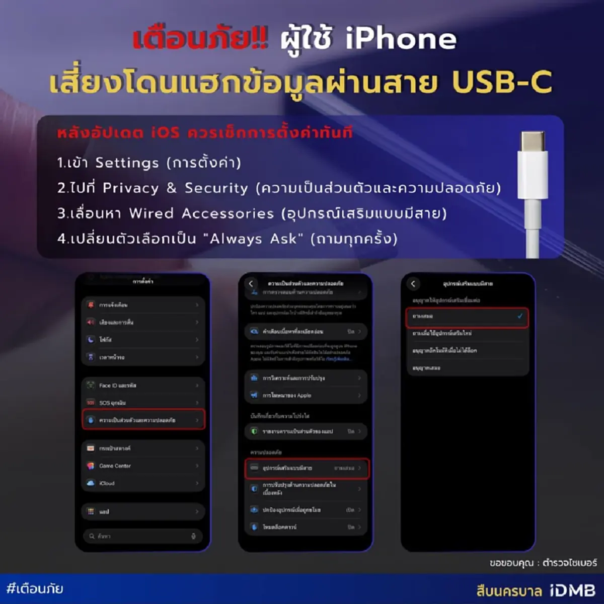 เตือน คนใช้ไอโฟน ระวังโดนแฮกข้อมูลผ่านสาย USB-C เผย 3 รุ่นเสี่ยง 