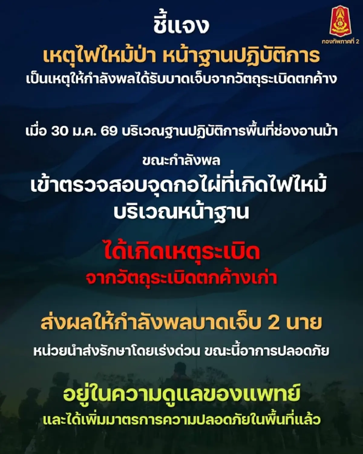 เปิดชื่อ 2 ทหารบาดเจ็บเหตุไฟไหม้ป่าโดนระเบิดตกค้าง ช่องอานม้า