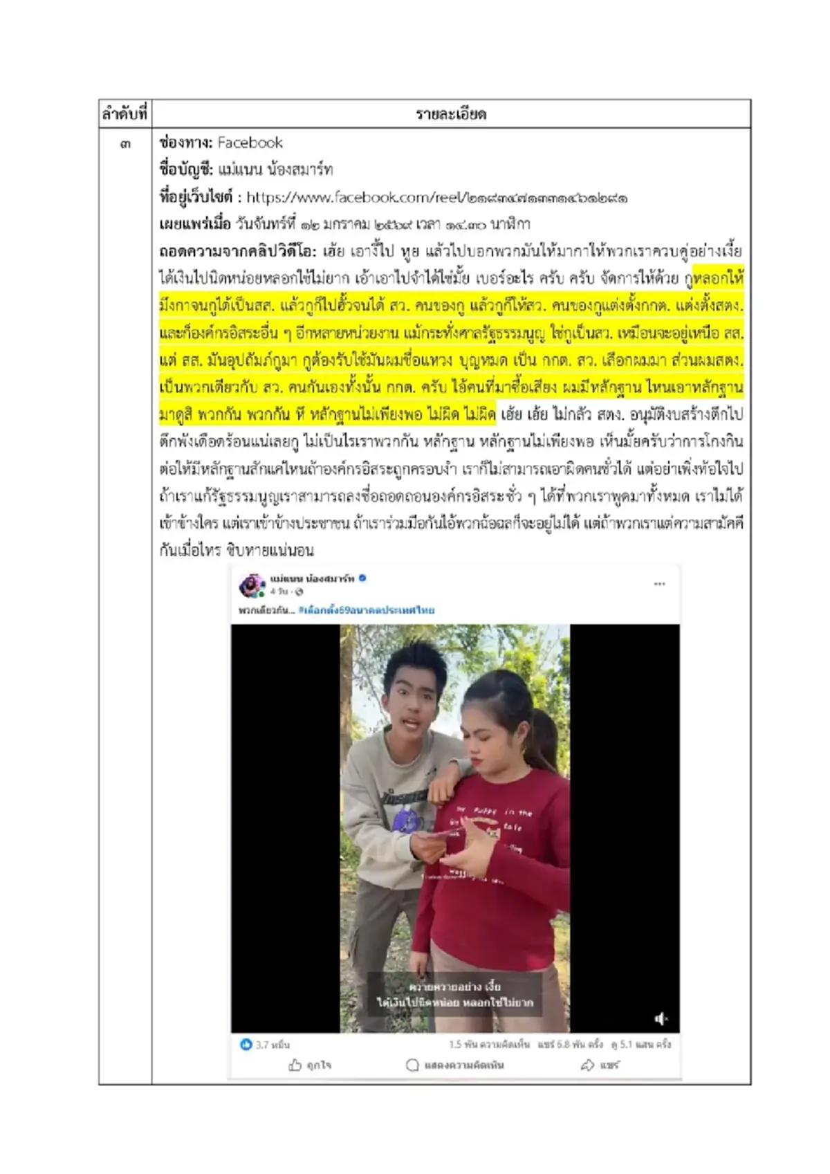 กกต. ชี้แจงสาเหตุ สั่งลบคลิปจากเพจ แม่แนน น้องสมาร์ท