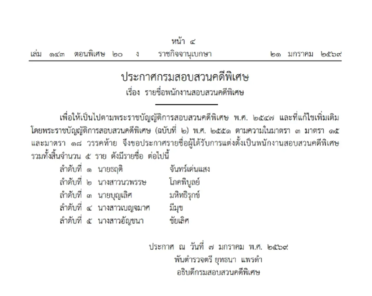 ราชกิจจาฯ ประกาศรายชื่อ แต่งตั้งพนักงานสอบสวนคดีพิเศษ จำนวน 5 ราย
