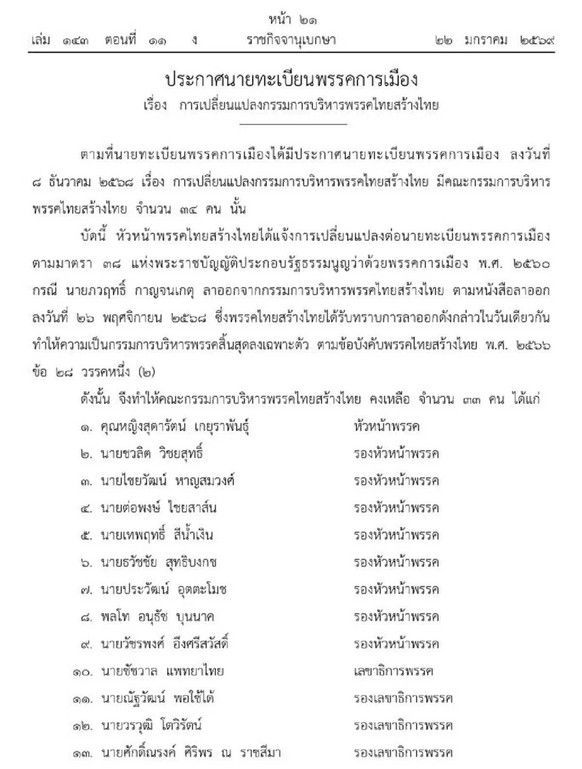 ประกาศราชกิจจาฯ เปลี่ยนแปลงคณะกรรมการบริหาร พรรคไทยสร้างไทย