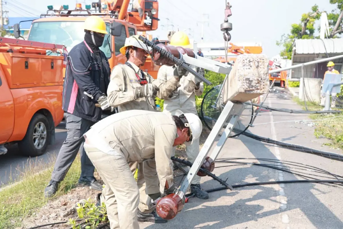 MEA ระดม 200 ชีวิต กู้ระบบไฟฟ้า เหตุเสาไฟล้มกว่า 70 ต้น บางปู