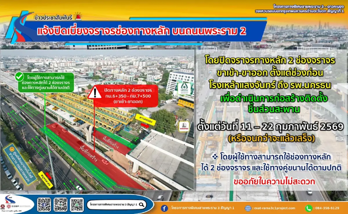 กทพ. ปรับวิธีปิดเบี่ยงถนนพระราม 2 ขาเข้า-ขาออก เริ่มวันนี้-15 มิ.ย. 69