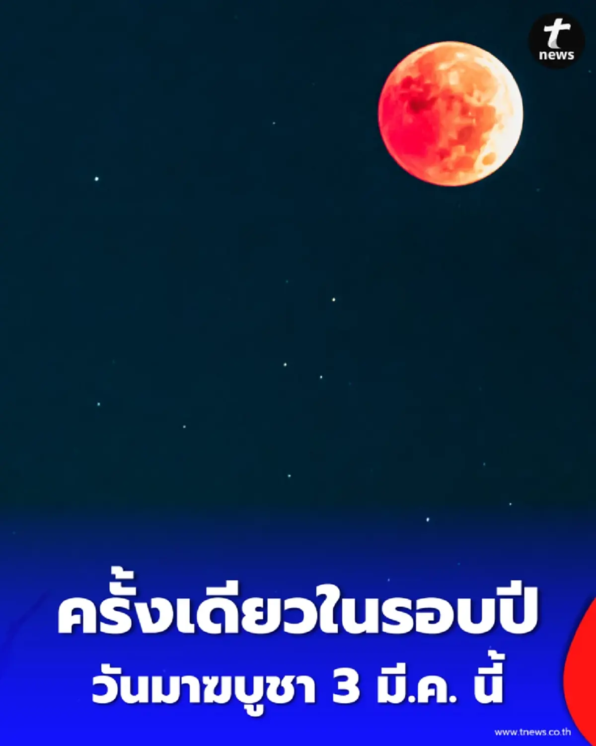 ครั้งเดียวในรอบปี จันทรุปราคาเต็มดวง วันมาฆบูชา 3 มี.ค. นี้