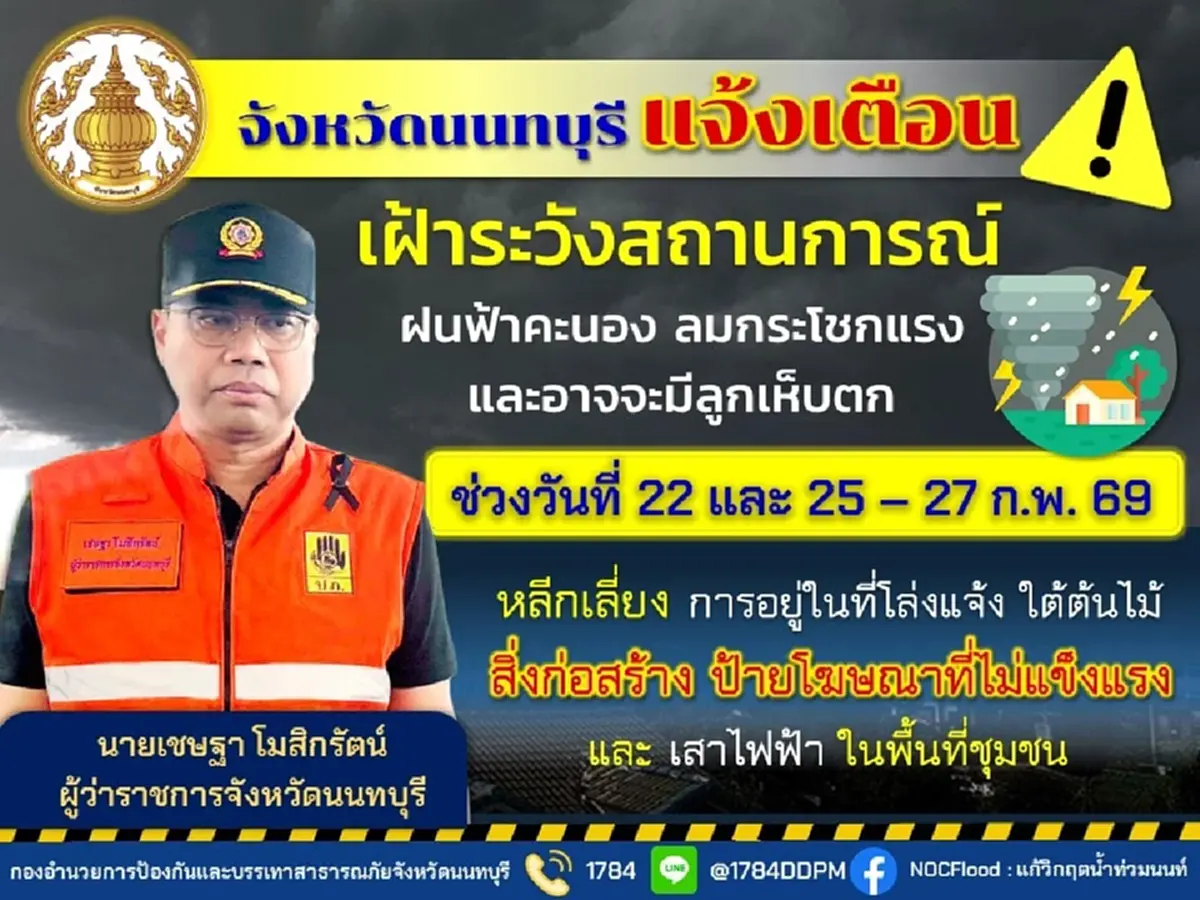 "ปภ.นนทบุรี" ประกาศเตือนด่วน ถึงประชาชน 22 และ 25-27 ก.พ. นี้ ระวัง