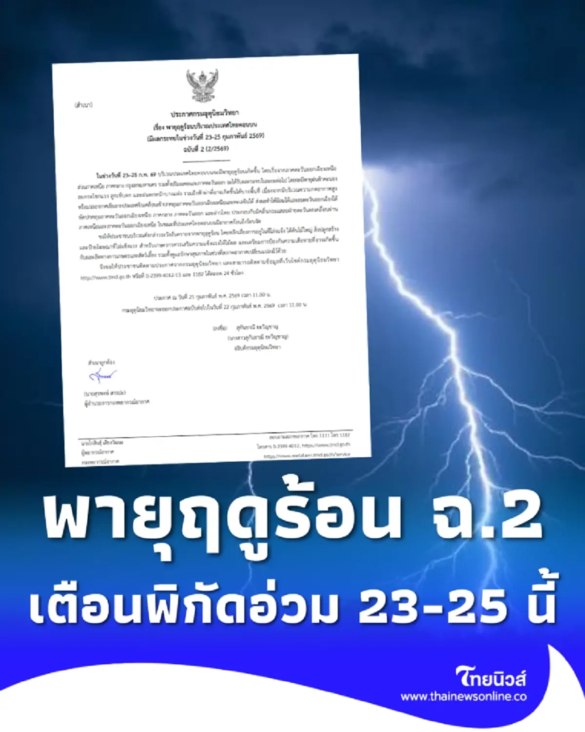 กรมอุตุฯเตือนด่วน ฉ.2 พายุฤดูร้อน ถล่ม 23-25 ก.พ. เปิดพิกัดอ่วม