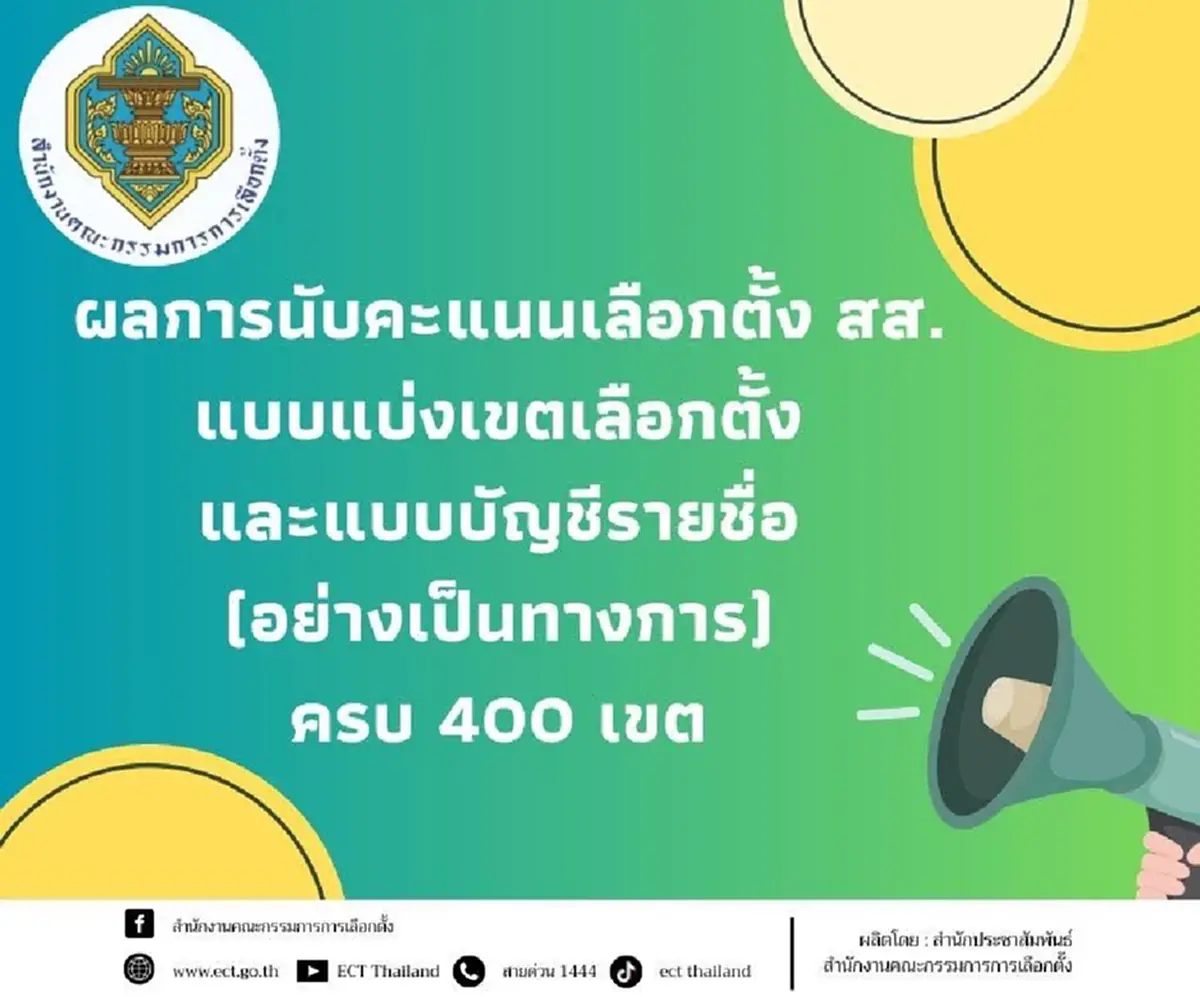 "กกต."ประกาศแล้ว ผลเลือกตั้ง 69 อย่างเป็นทางการ ครบ 400 เขต