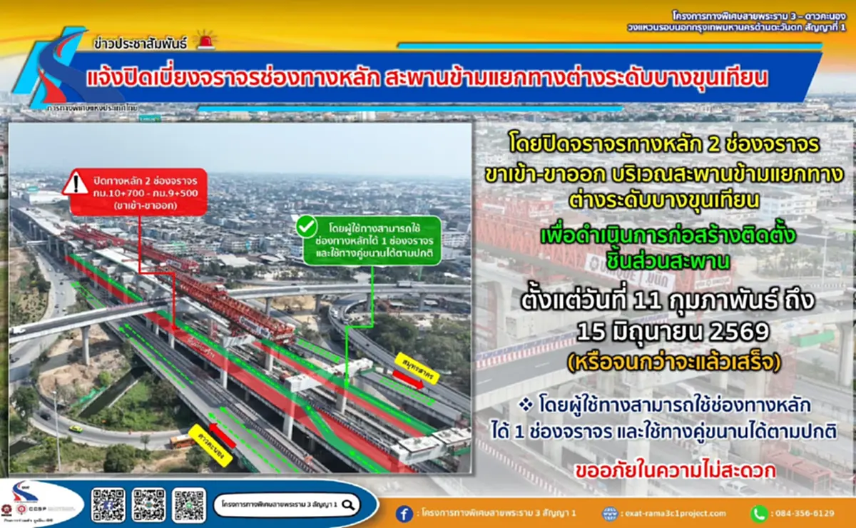 กทพ. ปรับวิธีปิดเบี่ยงถนนพระราม 2 ขาเข้า-ขาออก เริ่มวันนี้-15 มิ.ย. 69