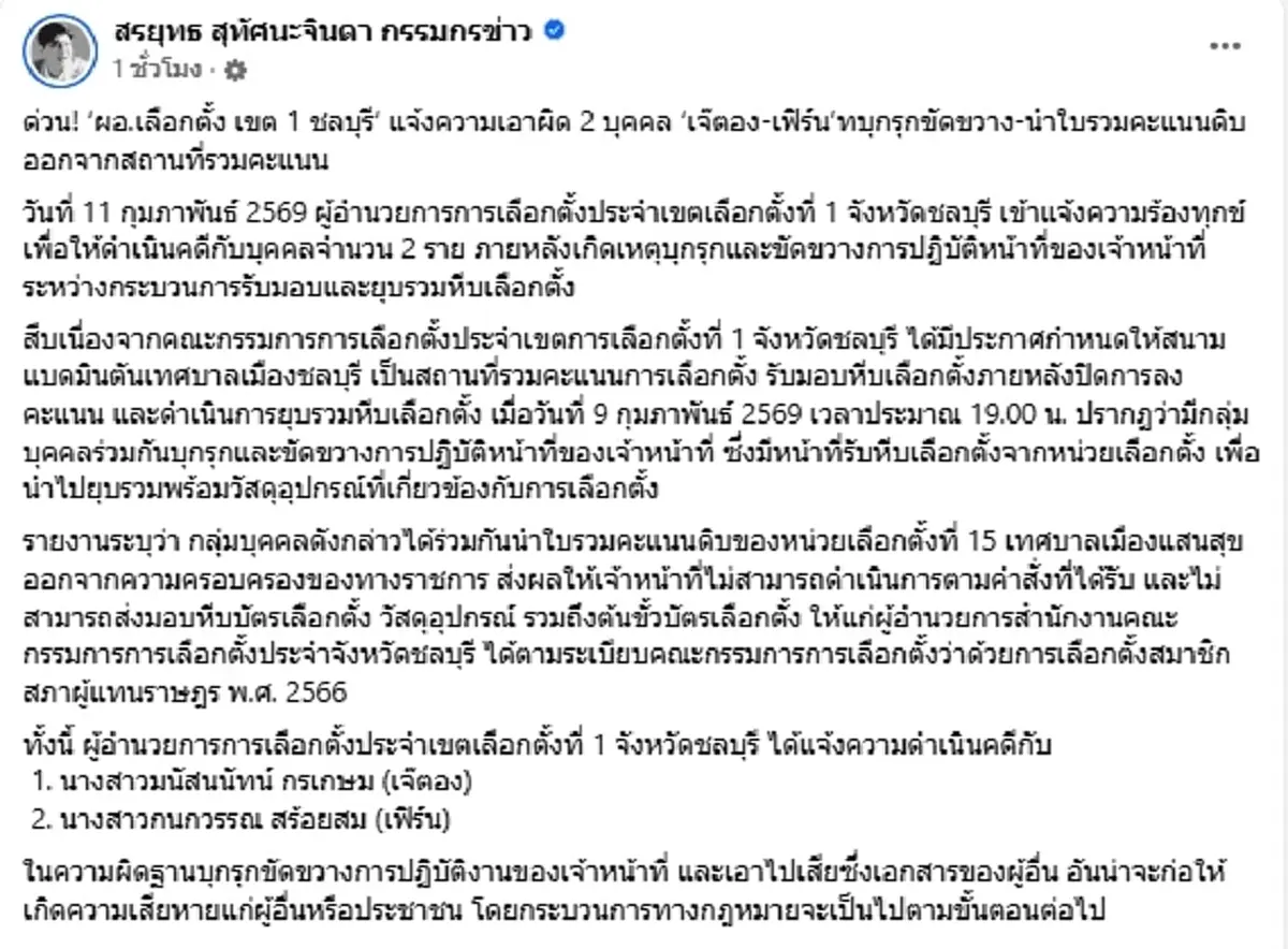 “เฟิร์น-ตอง”โดนแล้ว ผอ.เลือกตั้งชลบุรี เขต1 บุกแจ้งความ