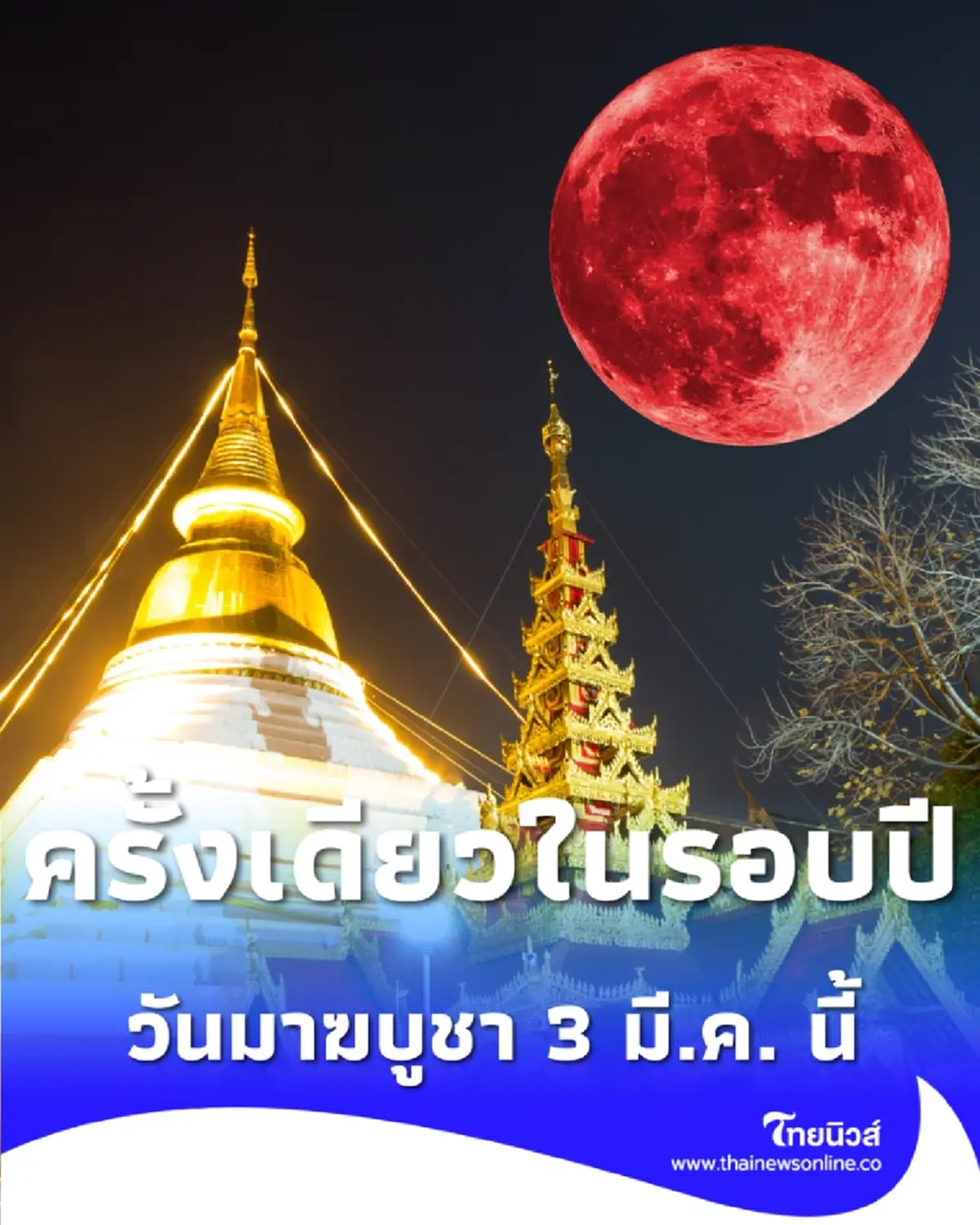 ครั้งเดียวในรอบปี จันทรุปราคาเต็มดวง วันมาฆบูชา 3 มี.ค. นี้