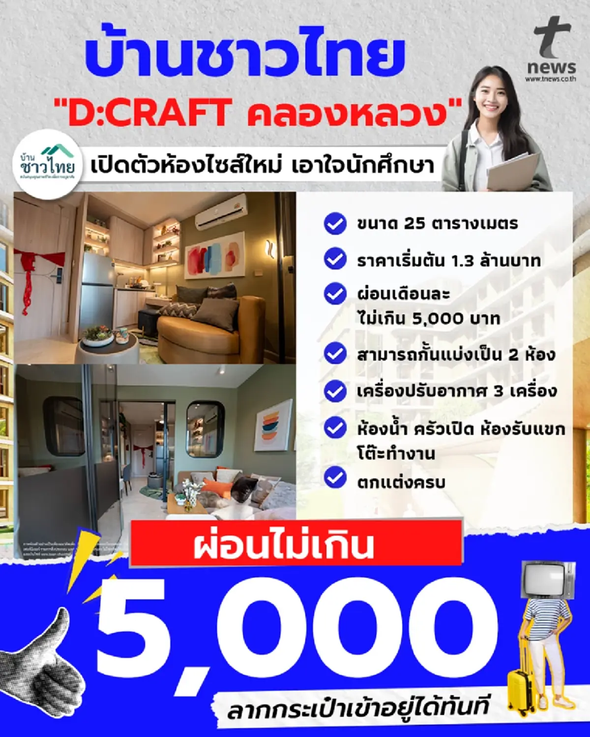 ห้องที่ใช่ ผ่อนไม่เกิน 5,000 เจาะห้องไซส์ใหม่ "บ้านชาวไทย" เอาใจนักศึกษา