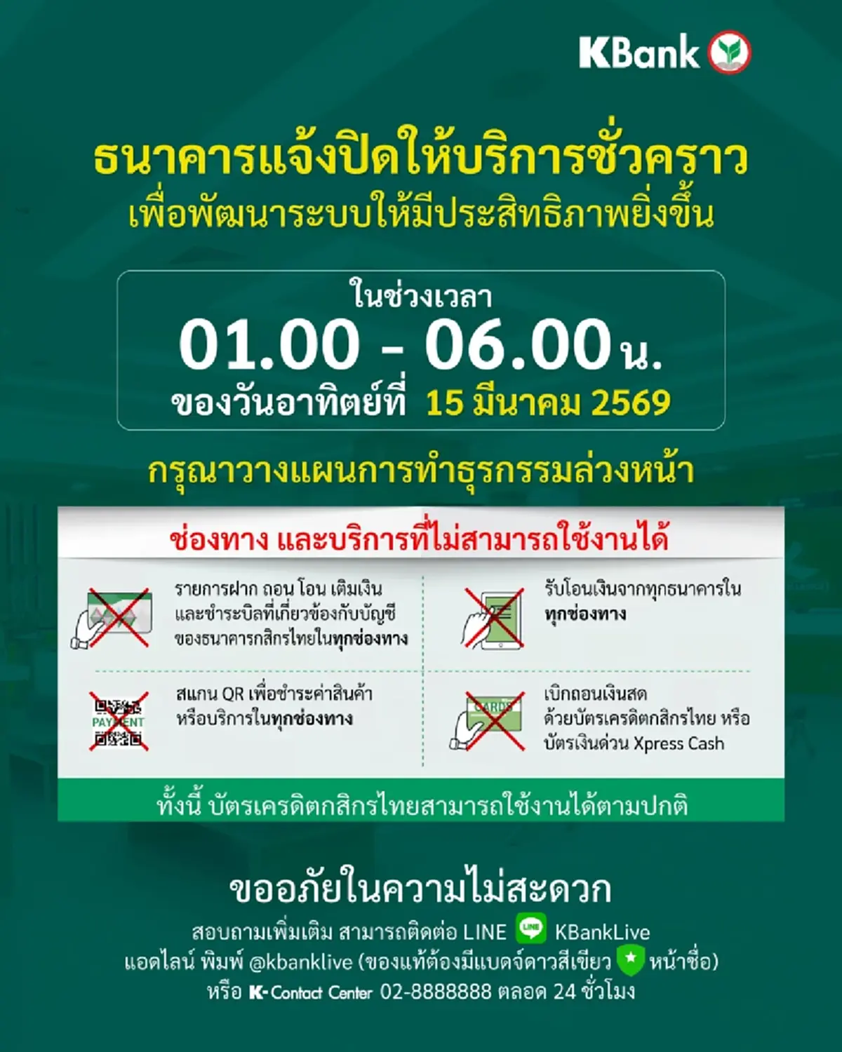 กสิกรไทย แจ้งปิดระบบชั่วคราว 15 มี.ค.69 ตี 1 – 6 โมงเช้า