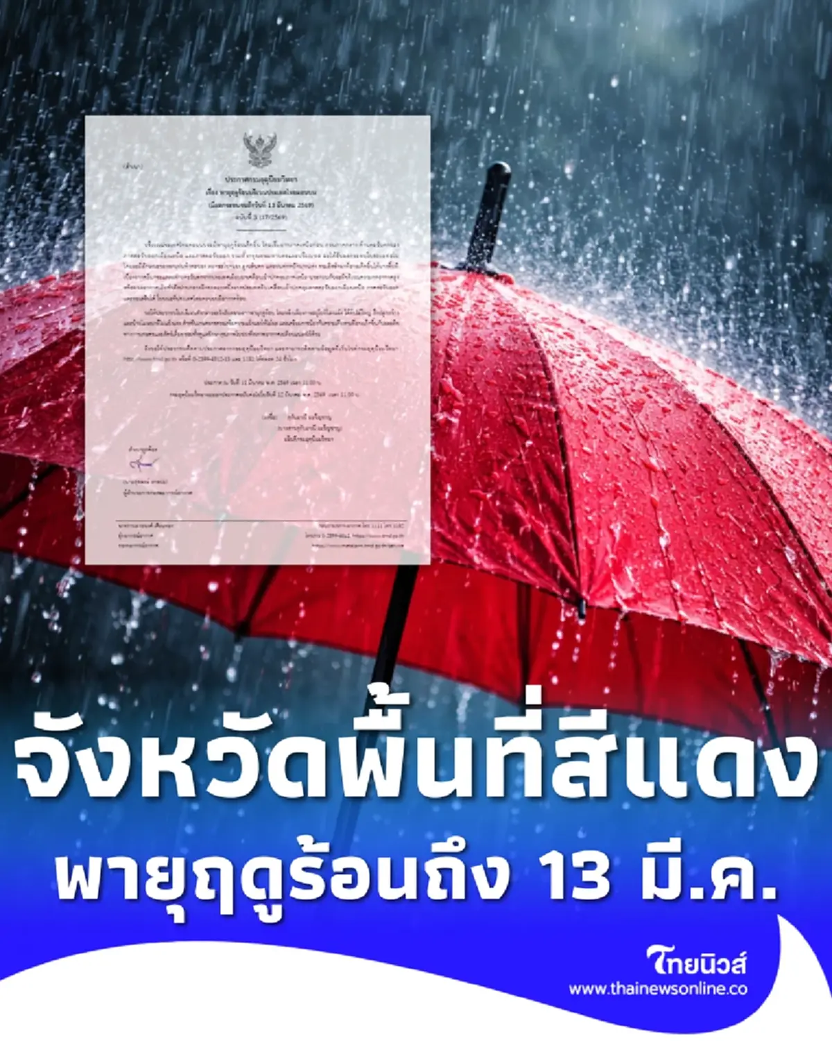 ประกาศ ฉ.3 รายชื่อจังหวัดพื้นที่สีแดง พายุฤดูร้อนถล่มถึง 13 มี.ค.