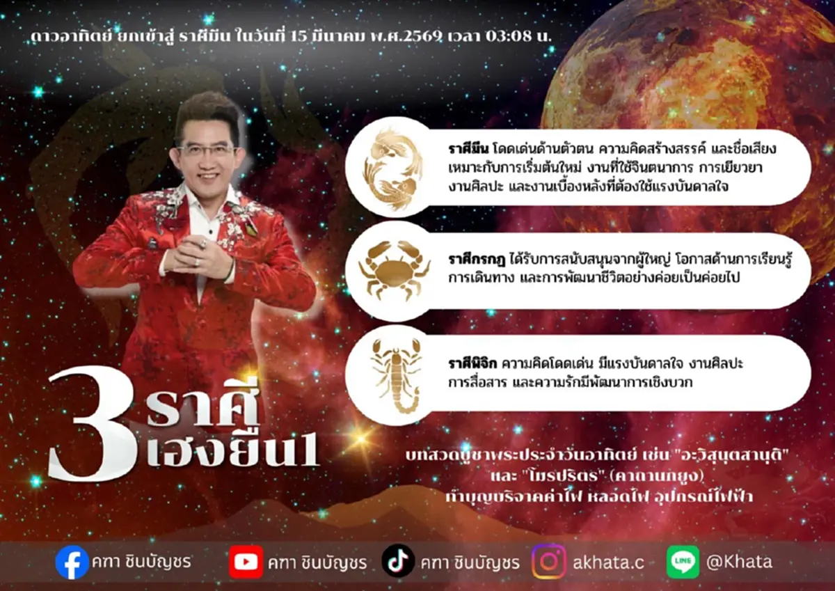 เคาะ 3 ราศี เฮงยืนหนึ่ง หลังดาวอาทิตย์ย้าย 15 มี.ค. เตรียมตัวปัง