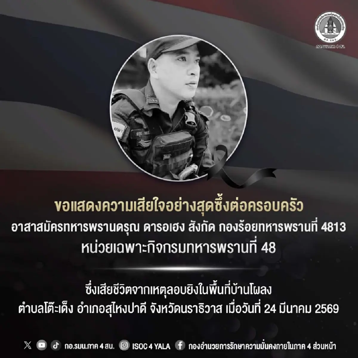 สูญเสีย อาสาสมัครทหารพราน ถูกลอบโจมตี ขณะลากลับบ้านหาครอบครัว