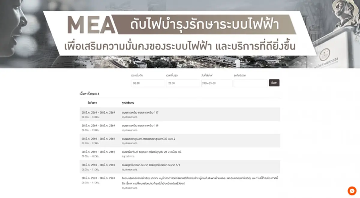 "ไฟดับพรุ่งนี้ 30 มี.ค. 69" กฟน. ประกาศดับไฟ 6 จุด กทม. สมุทรปราการ