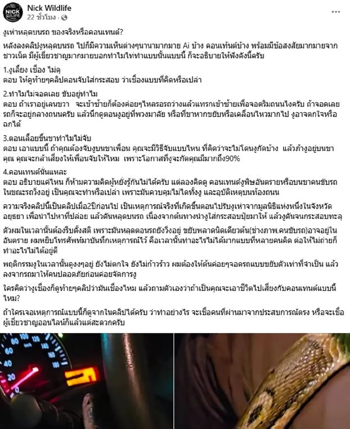 นิค อสรพิษวิทยา โต้ดราม่างูเห่าหลุดในรถ ชัดๆเลย จริงหรือจัดฉาก
