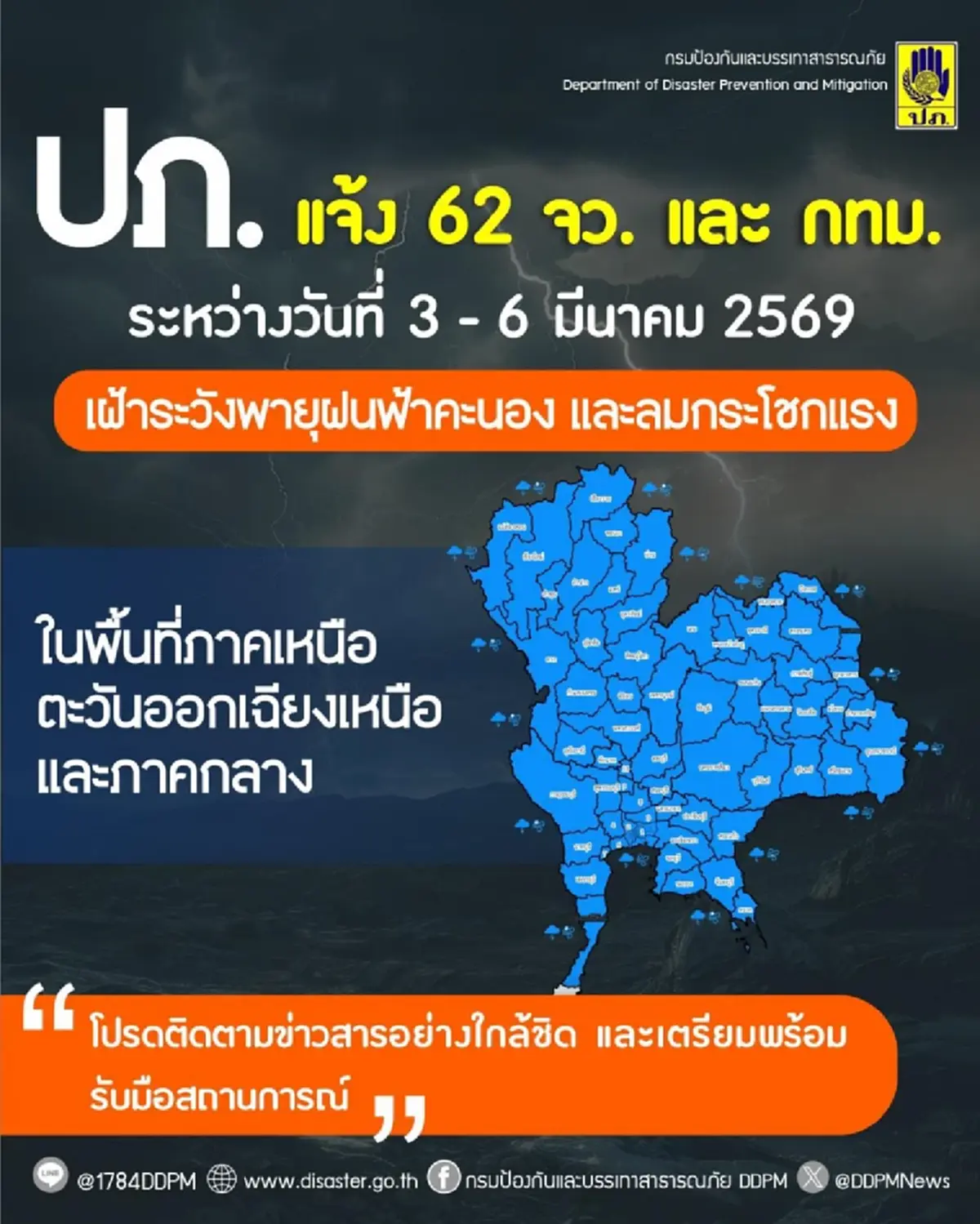 เปิด 62 จังหวัด ปภ.เตือนระวังพายุฝนฟ้าคะนอง ลมกระโชกแรง 3 - 6 มี.ค. 
