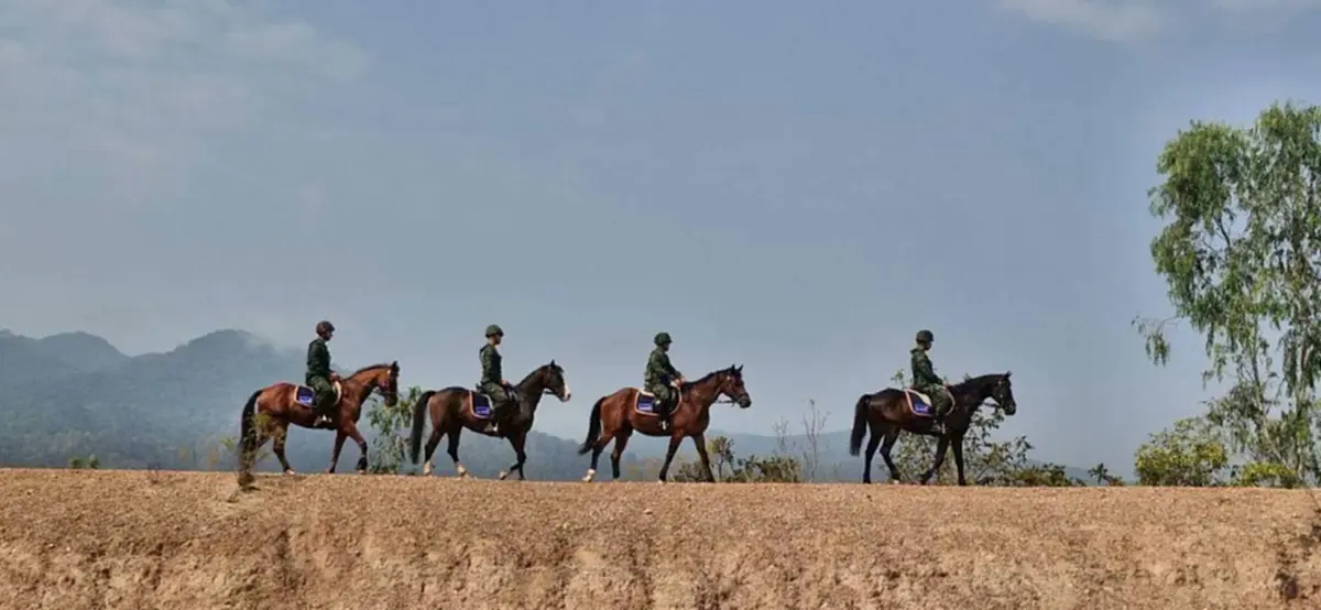 ทหารขี่ม้าลาดตระเวนเฝ้าระวังไฟป่า ตรวจแนวกันไฟรอบห้วยตึงเฒ่า