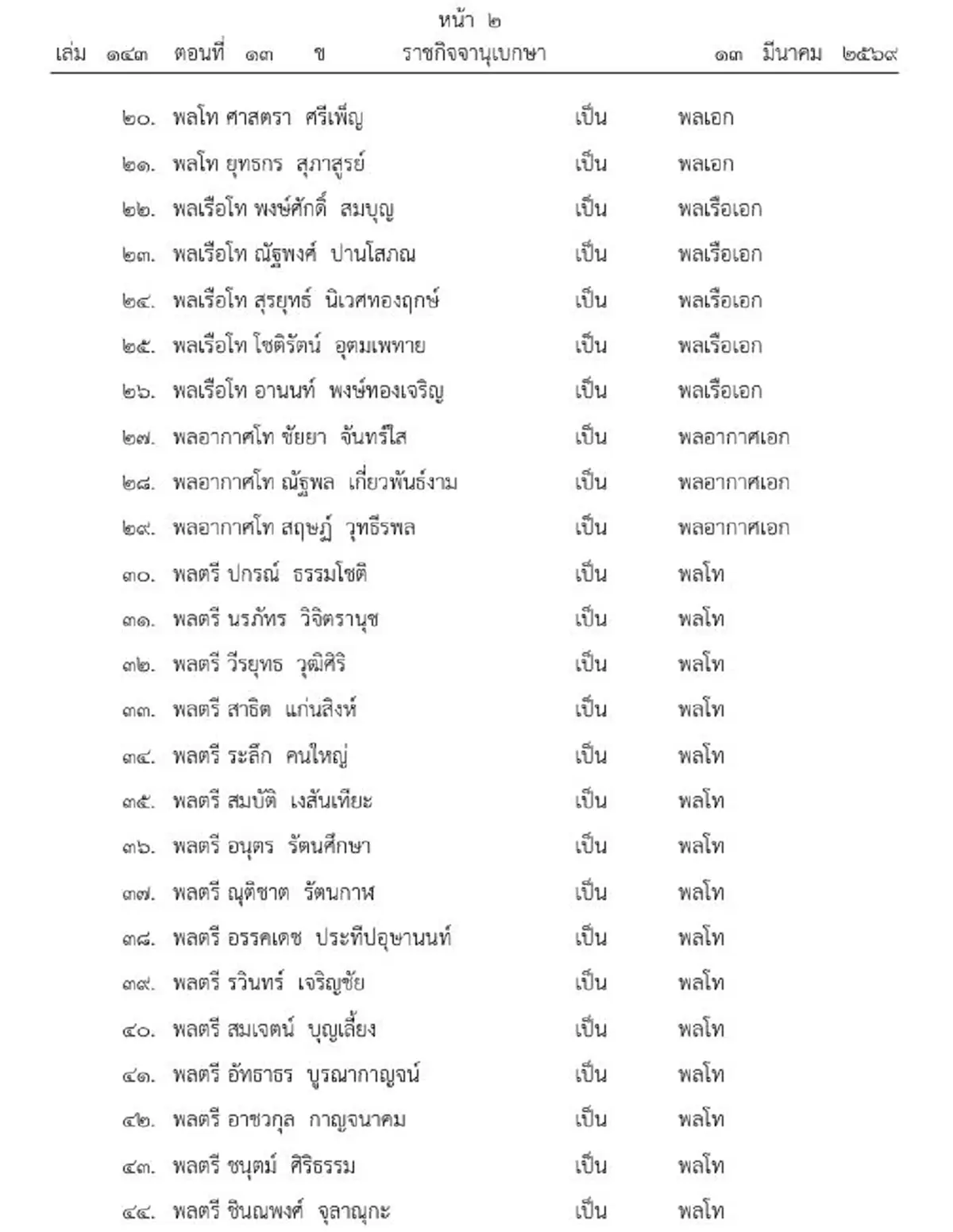 ประกาศโปรดเกล้าฯ พระราชทานยศทหารชั้นนายพล จำนวน 256 ราย