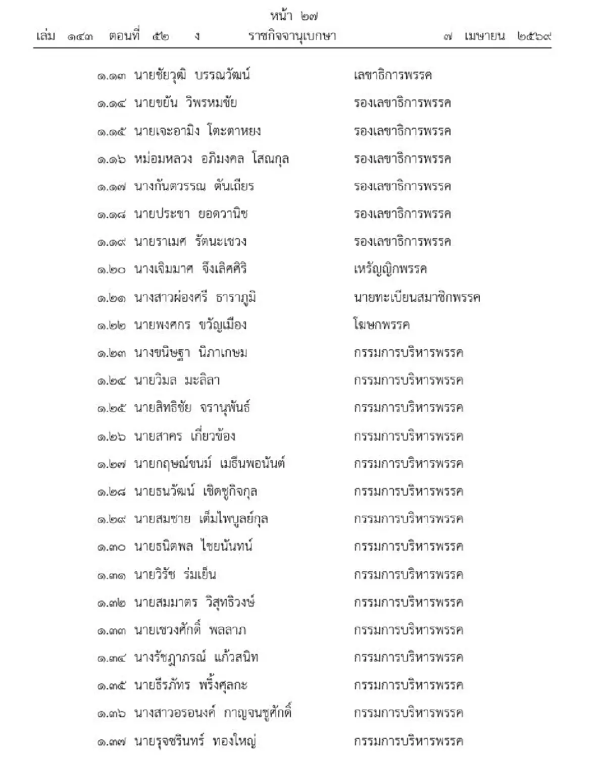 ราชกิจจาฯ ประกาศเปลี่ยนแปลงกรรมการบริหารพรรคประชาธิปัตย์