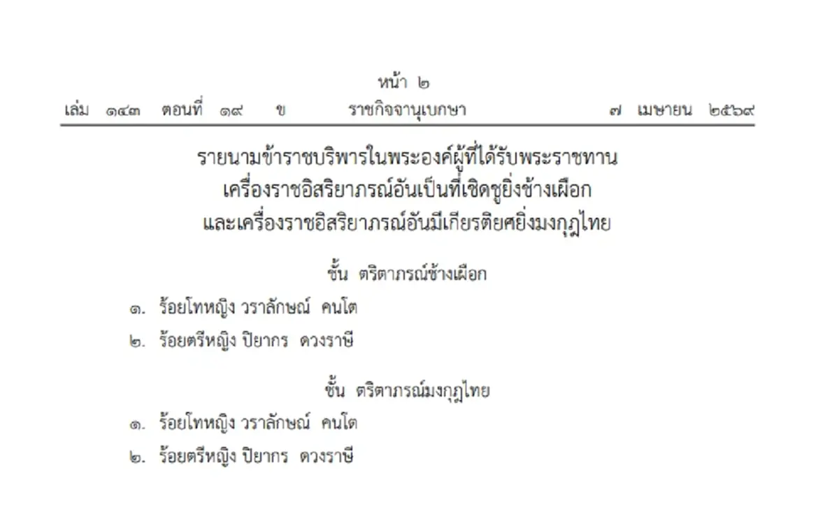 โปรดเกล้าฯ พระราชทานเครื่องราชฯ 'ร้อยตรีหญิง-ร้อยโทหญิง' ข้าราชบริพารในพระองค์