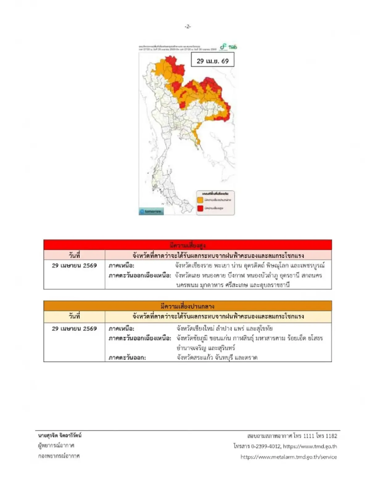 อุตุฯ ประกาศ ฉ.1 พายุฤดูร้อนบริเวณประเทศไทยตอนบน 29 เม.ย. – 1 พ.ค. 69