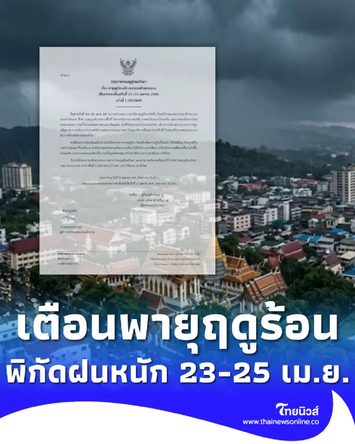 ประกาศ ฉ.1 พายุฤดูร้อน 23–25 เม.ย. เช็กพื้นที่ฝนฟ้าคะนอง ลมแรง