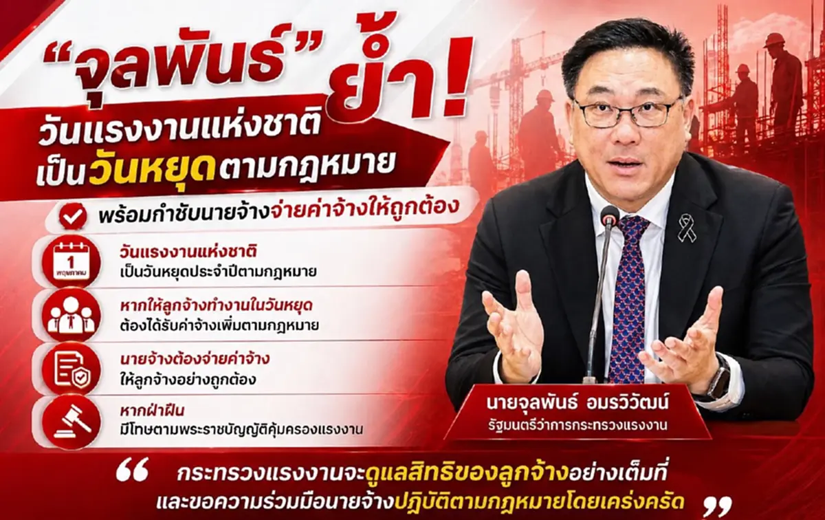 "จุลพันธ์"ย้ำ "วันแรงงาน" ทำ OT นายจ้างต้องจ่ายค่าจ้างเพิ่ม 3 เท่า