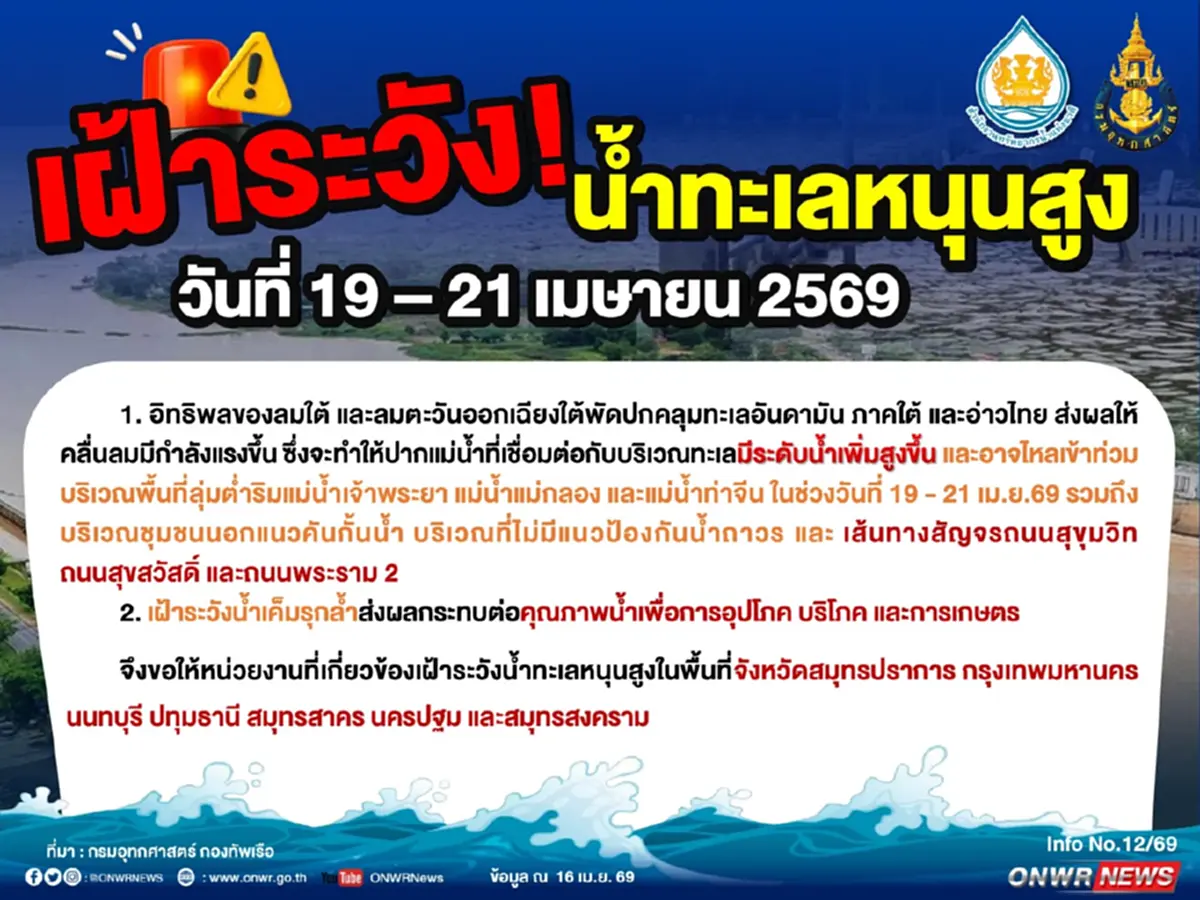 ประกาศเฝ้าระวัง!! น้ำทะเลหนุนสูงในช่วงวันที่ 19 - 21 เมษายน 2569
