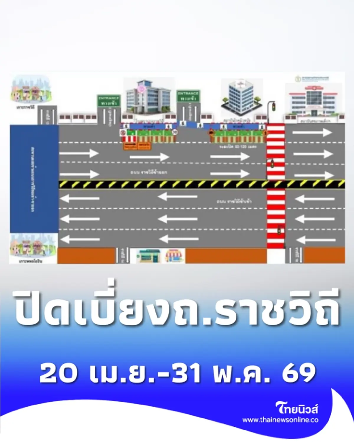 เช็กเส้นทาง ปิดเบี่ยงจราจรถนนราชวิถี ตั้งแต่ 20 เม.ย.-31 พ.ค. 69