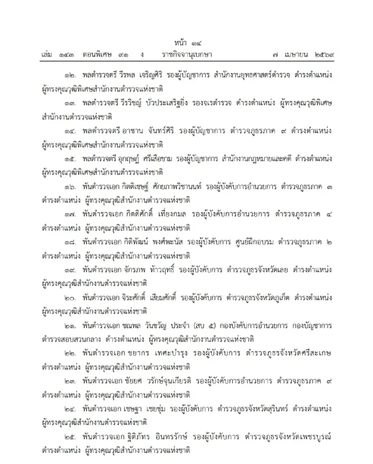โปรดเกล้าฯ แต่งตั้งข้าราชการตำรวจ ให้ดำรงตำแหน่งต่างๆ จำนวน 60 ราย