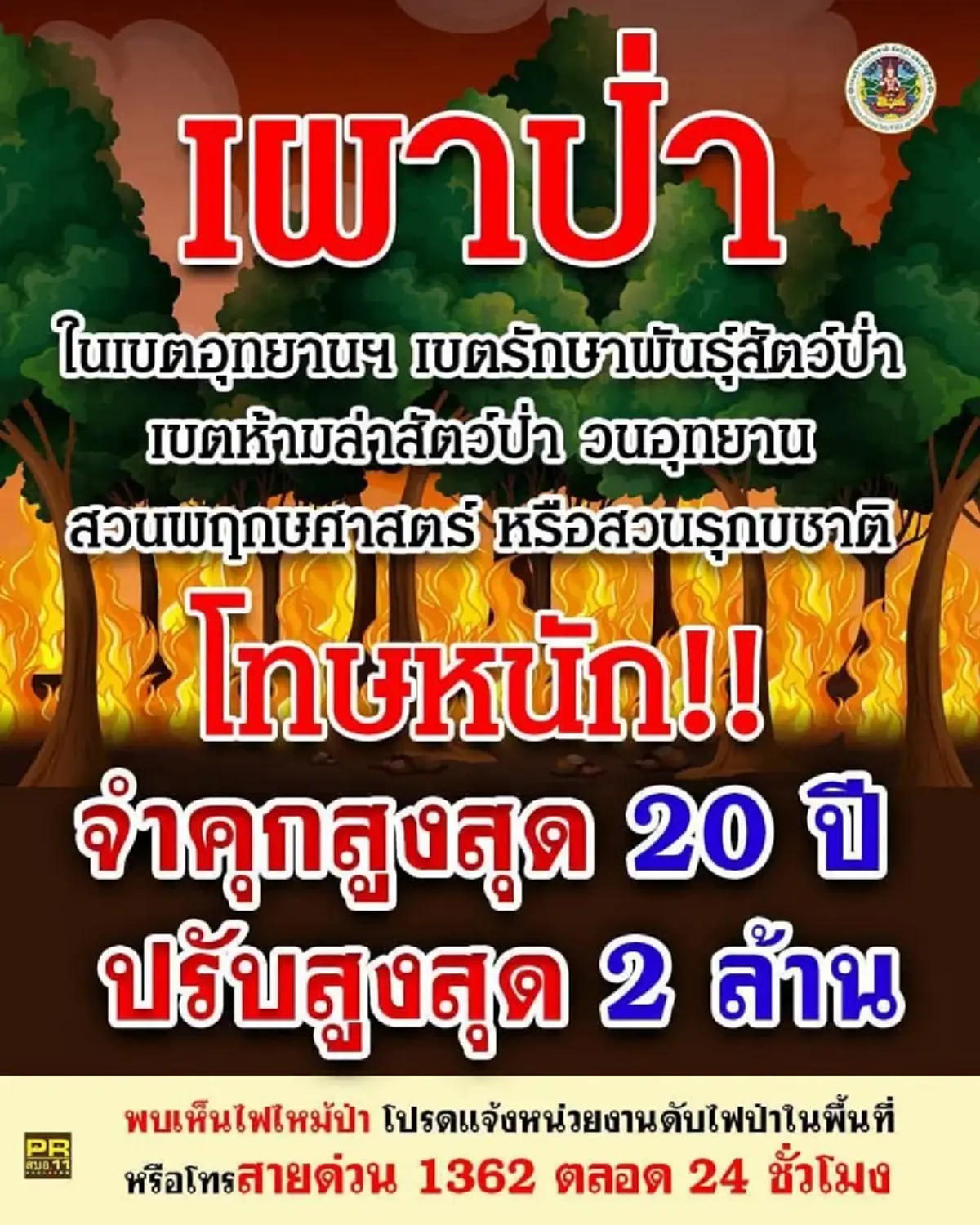 เผาป่าเสี่ยงคุกยาว! โทษหนักสูงสุด 20 ปี ปรับถึง 2 ล้านบาท
