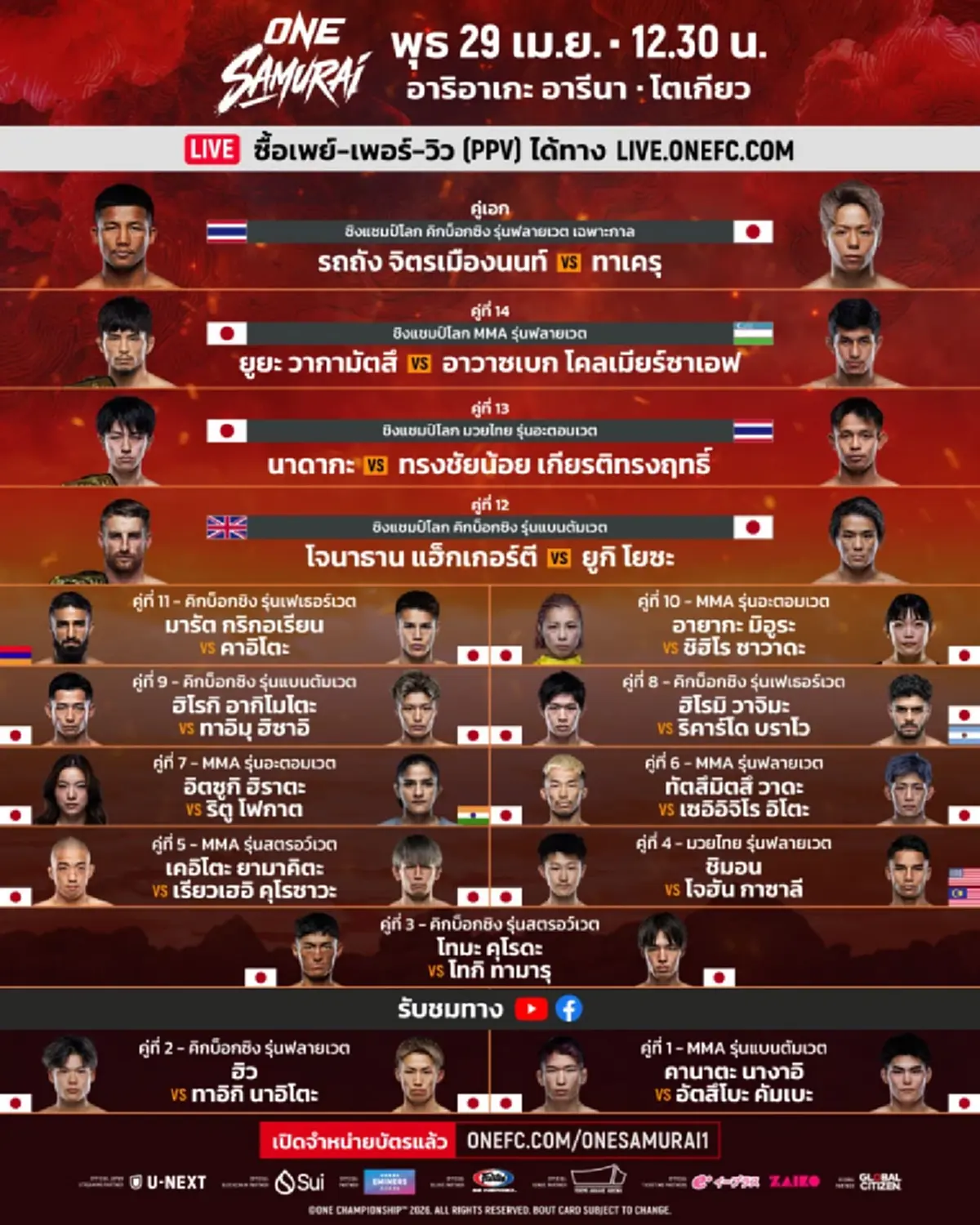 ผลการแข่งขันล่าสุดศึก ONE ซามูไร 1 รถถัง vs ทาเครุ ใกล้ขึ้นชกแล้ว