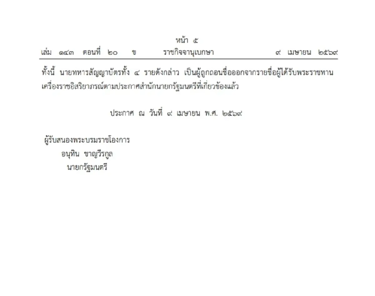 โปรดเกล้าฯ ให้ถอดยศทหาร และเรียกคืนเครื่องราชฯ จำนวน 4 ราย 