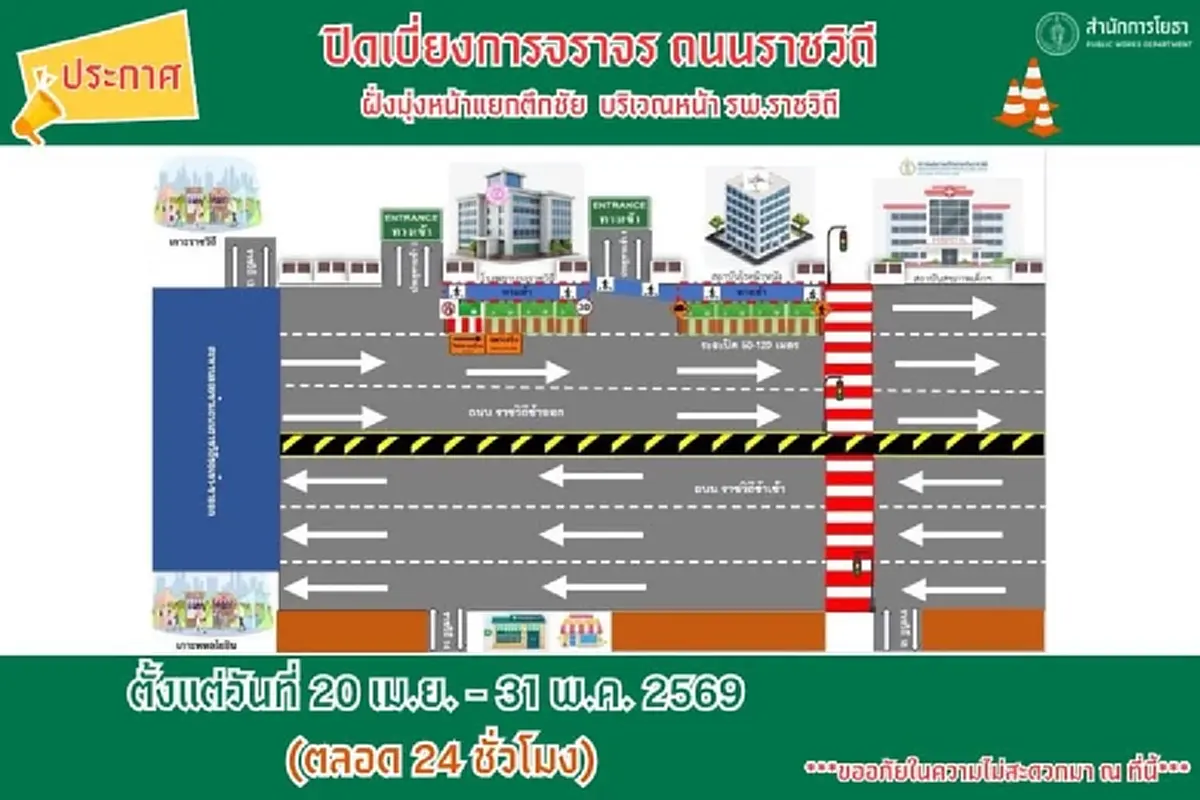 เช็กเส้นทาง ปิดเบี่ยงจราจรถนนราชวิถี ตั้งแต่ 20 เม.ย.-31 พ.ค. 69