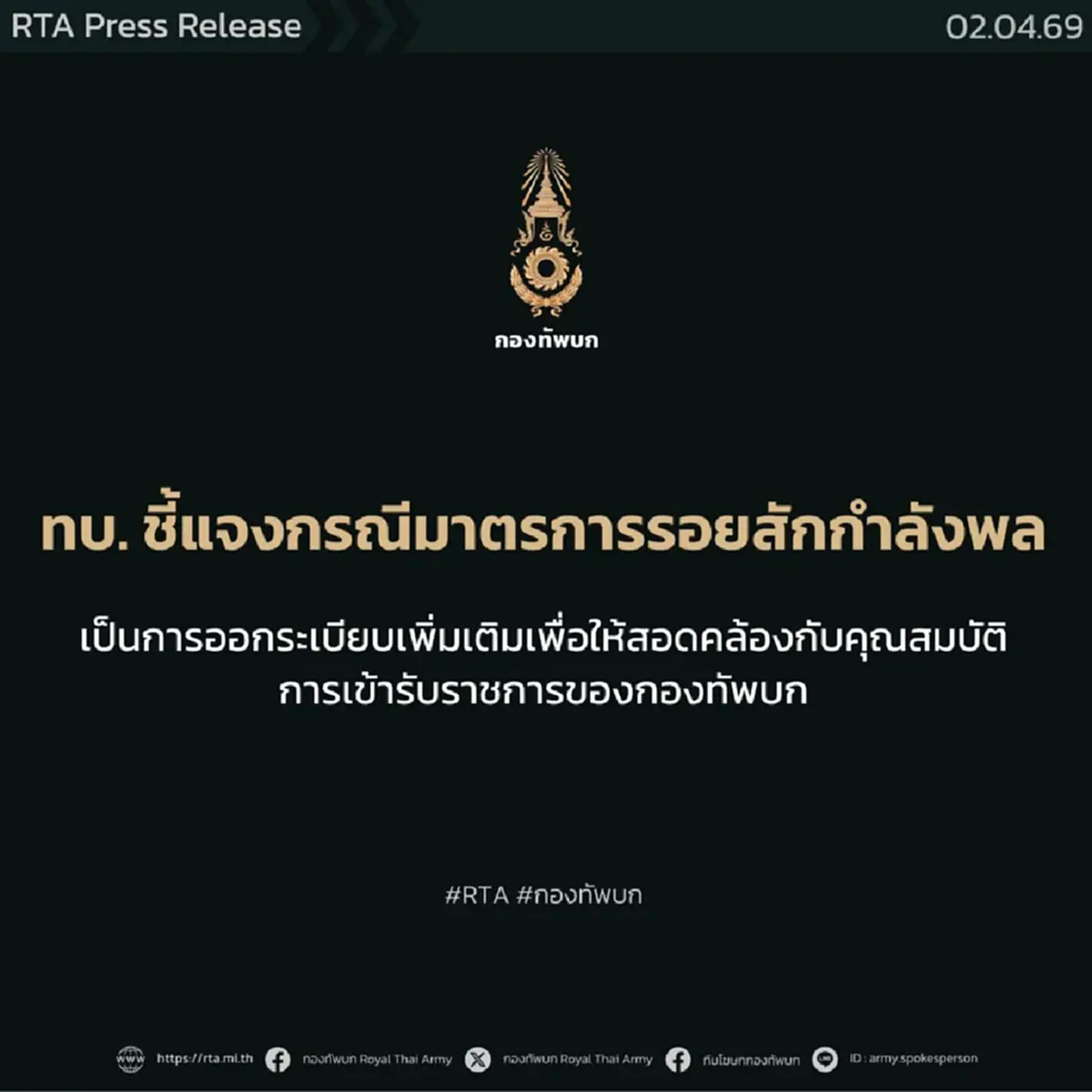 กองทัพบกแจงชัด! คุมเข้ม "รอยสักกำลังพล" อนุญาตเฉพาะในร่มผ้า