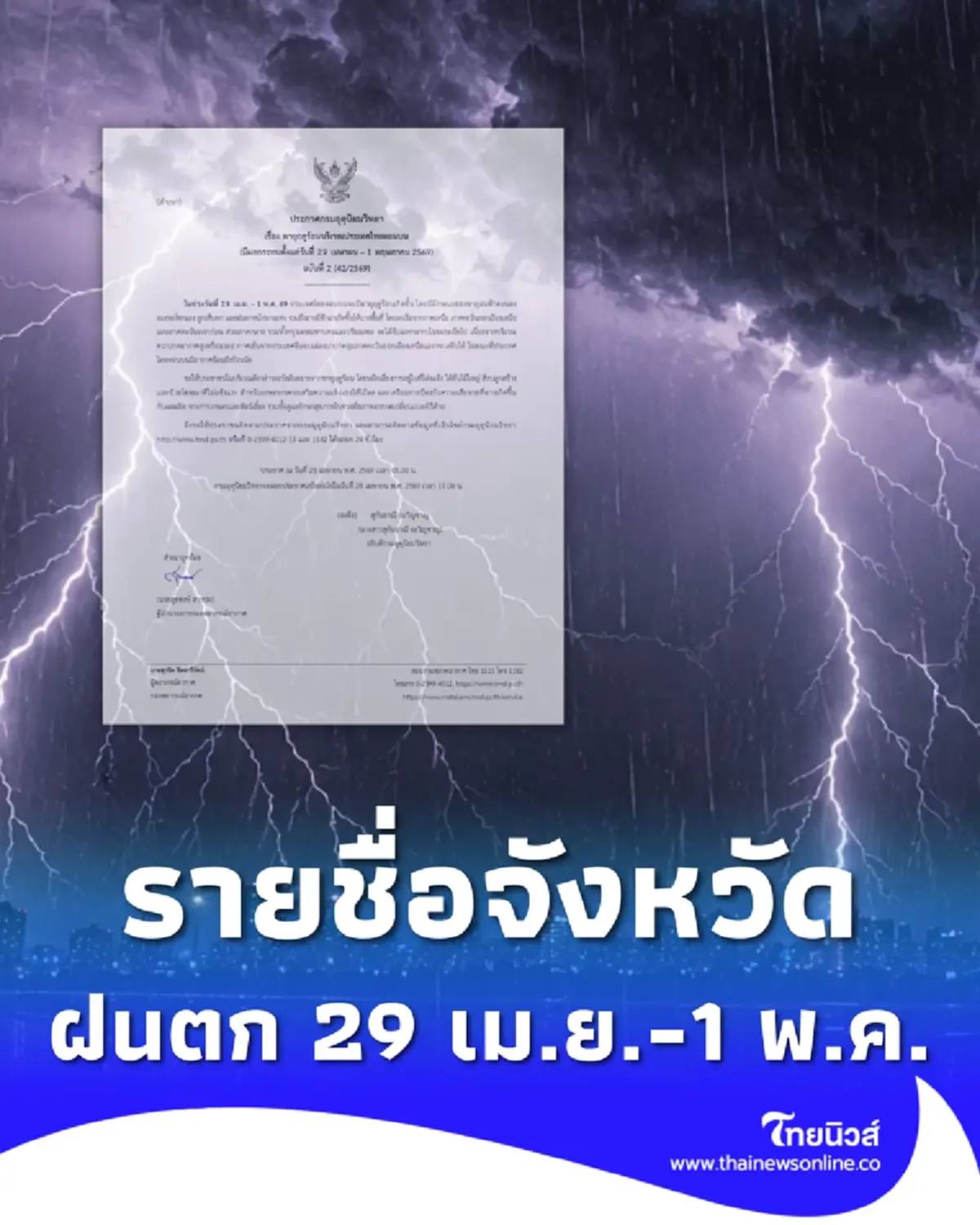 เตือน ฉ.2 เปิดชื่อจังหวัด โดนเต็มๆ พายุฤดูร้อนถล่ม 29 เม.ย. – 1 พ.ค.